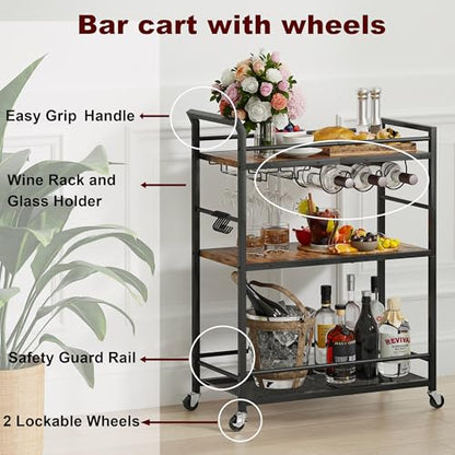 3 Tier Bar Cart, Small Beverage Cart, Mini Bar Cart with Wine Rack, Home Bar Serving Cart with Wheels for Kitchen Dining Living Room (Rustic Brown, General) GBC507R - color: Rustic Brown, size: General
