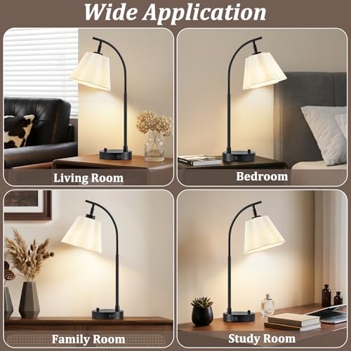GyroVu Table Lamp Set of 2, Bedside Table Lamp with USB C+A Ports, Stepless Dimmable Nightstand Lamp, Small Cute Bedroom Lamps, Flower Lamp for Bedroom, Living Room, Home Office(Bulbs Included, Black) - color: white shade & black base