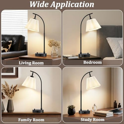 GyroVu Table Lamp Set of 2, Bedside Table Lamp with USB C+A Ports, Stepless Dimmable Nightstand Lamp, Small Cute Bedroom Lamps, Flower Lamp for Bedroom, Living Room, Home Office(Bulbs Included, Black) - color: white shade & black base