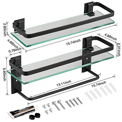 VOLPONE Glass Bathroom Shelf with Towel Bar 15.7in Bathroom Wall Shelves Rustproof Metal Bathroom Wall Organizer 2-Tier (Black) - style: 2 tier with towel bar black
