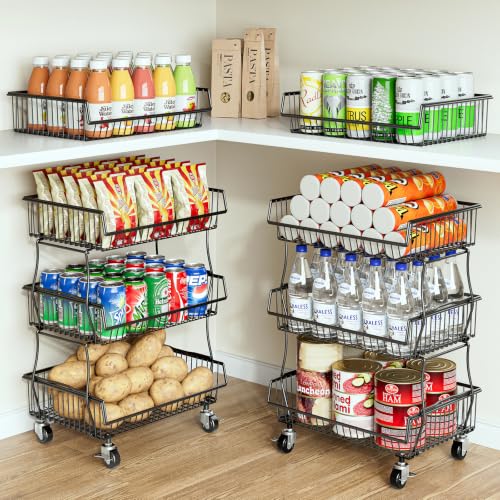OKZEST Pantry Organizers and Storage Cart with Upgraded Metal Hub Casters | Fits under pantry shelf, Stackable fine-mesh wire baskets, 3-Tier rolling cart holds drink, snack, can, potato, onion, fruit - color: Black, size: 3-Tier Baskets (Upgraded model)