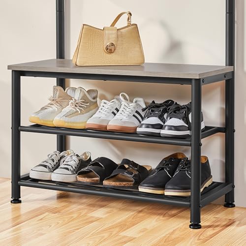 Yaheetech 3-in-1 Hall Tree Bench and Shoe Storage, Entryway Coat Rack, Gray | Easy setup, 275-lb metal-frame bench, 9 movable hooks, 2-tier shoe rack, fits narrow apartment entryways and hallways - color: Grey, size: 28.5'' W