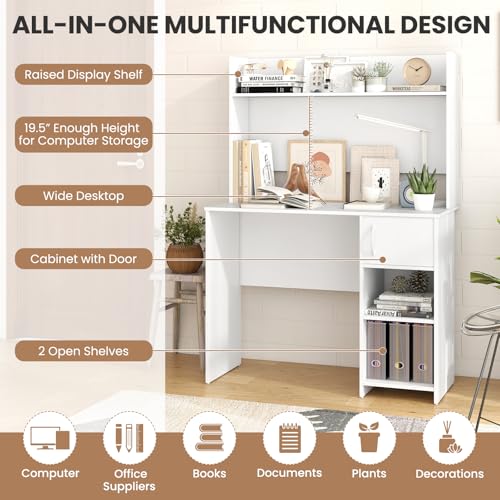 Tangkula Computer Desk with Hutch, Home Office Desk with Raised Display Shelf & 2 Open Shelves, Cabinet with Door, Cable Management Holes, Modern Laptop PC Desk, Study Writing Desk for Bedroom
