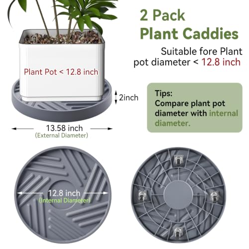 2 Pcs Plant Caddy with Hidden Wheels 13.5 Inch Heavy Duty Rolling Plant Stand, Indoor Outdoor Plant Saucer Tray with $9.9 Garden Tools (Gray) - size: 13.5 Inches of 2 Pack (Gray)