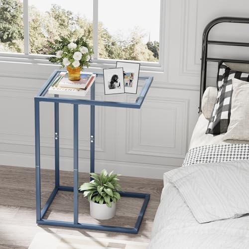 C Table End Table, Glass Couch Side Table, Tempered Glass Snack Side Table with Metal Frame, TV Tray Table for Small Space, Sofa Couch Side Tableand Bed Side Table(Blue) - color: Blue