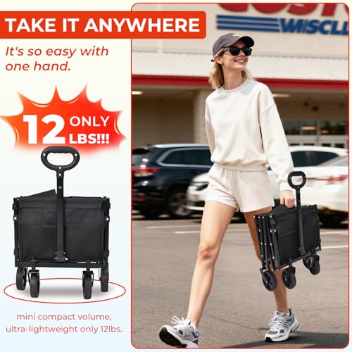 Foldable Wagon with Tailgate,12 lb Lightweight Small Utility Cart | Garden, Grocery, Beach, Camping, Portable Use, Black - color: Black