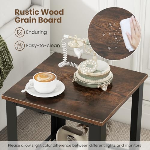 Giantex 2-Tier End Table Set of 2, 16 Inch Small Side Table w/Mesh Storage Shelf, Industrial Telephone Table with Heavy-Duty Metal Frame, Square Sofa Table for Small Space Living Room, Rustic Brown