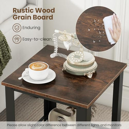 Giantex 2-Tier End Table Set of 2, 16 Inch Small Side Table w/Mesh Storage Shelf, Industrial Telephone Table with Heavy-Duty Metal Frame, Square Sofa Table for Small Space Living Room, Rustic Brown