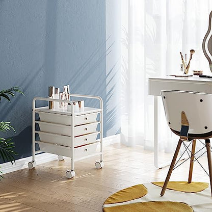4-Tier Utility Cart with 4 Drawers, Rolling Utility Cart with 2 Lockable Caster Wheels, Multipurpose Mobile Rolling Drawer Cart for Office Bathroom Kitchen, Ivory White - size: White, 4-Tier