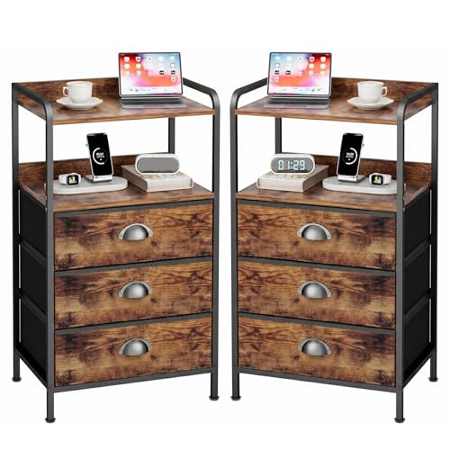 Night Stand Set 2, Nightstand with 3 Fabric Drawers and 2-Tier Shelf, Small Dresser Organizer, Bedside Table with Storage, End Table for Bedroom, Steel Frame, Wood Top, Rustic Brown - color: Brown(3locker), size: Set of 2