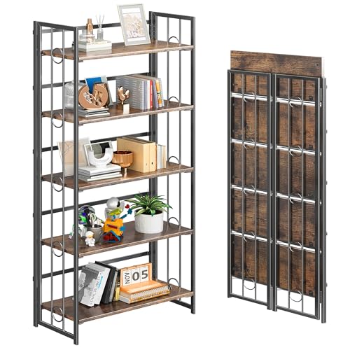 4NM No Assembly 5 Tiers Folding Bookshelf, 59.4" H Foldable Storage Shelves Vintage Bookcase Standing Racks Study Organizer Home Office - Rustic Brown Black - color: Rustic Brown Black, size: 5-Tier