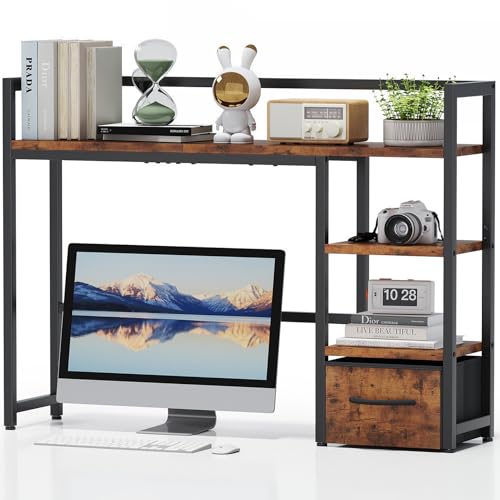 Marbrasse Desk Shelf with Drawer, 40" Desk Hutch for Computer Monitor, Wooden Desktop Bookshelf Storage Rack for Home Office Dorm - Dark Brown - color: Dark Brown