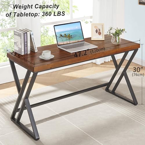 Real Wood Computer Desk, Modern Natural Wood Home Office Desk, Rustic Solid Wood Work Study Writing Desk, Farmhouse Workstation PC Gaming Executive Table for Bedroom, Brown, 47 inch - size: 47 inch