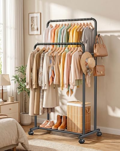 Delamu Clothes Rack Double Rods Clothing Racks for Hanging Clothes with Rolling Wheels, Hooks, Metal Garment Rack, Portable Wardrobe Coat Rack with Shelfs for Bedroom, Laundry Room, Black 65''Hx32''W