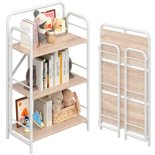 4NM No Assembly Folding Bookshelf, 3 Tiers Collapsible Book Shelves Open Industrial Foldable Storage Bookcase Shelf for Bedroom, Living Room, Home Office - Natural and White - color: Natural and White, size: 3 Tiers