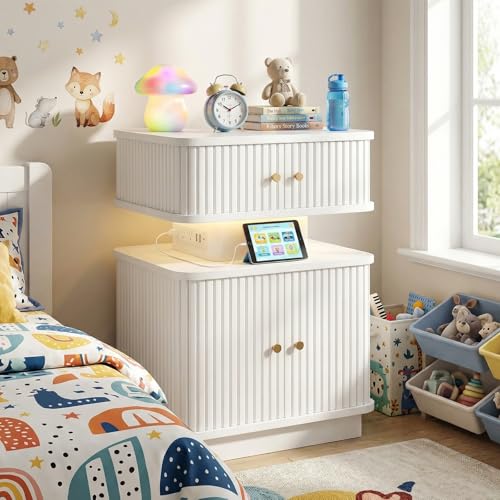 Night Stand, LED Nightstand, Modern Nightstand with Charging Station, Night Stand with 2 Drawers and Sliding Door, Curvy Edge, Small Bedside Table for Bedroom, White - color: White