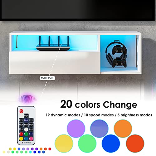 sogesfurniture 39.3'' Floating Wall TV Cabinet Stand with LED Lights, Wall Mounted Entertainment Center with Storage Shelves, Modern High Gloss Media Console for Living Room, Bedroom - size: 39.3''-White