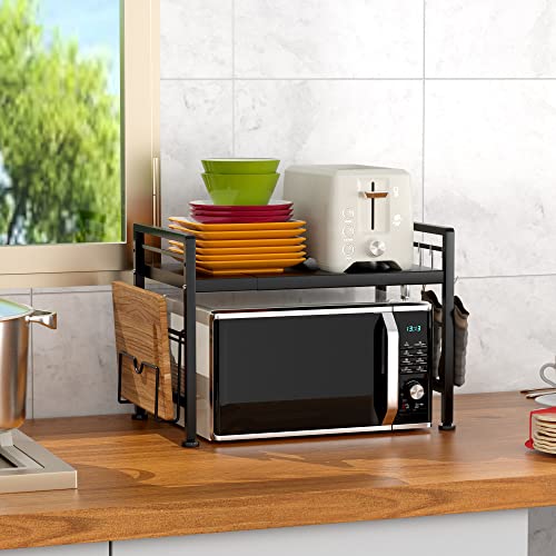 YIUKEA Extendable Microwave Oven Rack - Adjustable Kitchen counter shelf, 2 Tier Microwave Stand (L15.7~23.6" xW12.8 xH17.7) with 6 Hooks for Kitchen Countertop Organizer (Black) - color: Black