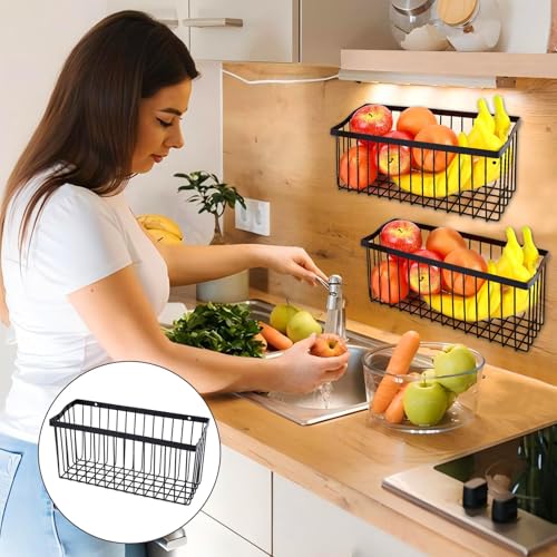 2 Pcs Fruit Basket Wire Baskets, Fruit and Veggie Storage Basket Holder for Kitchen Wall Mounted,Kitchen Organizers and Storage for Snack Onion Potato(Black)