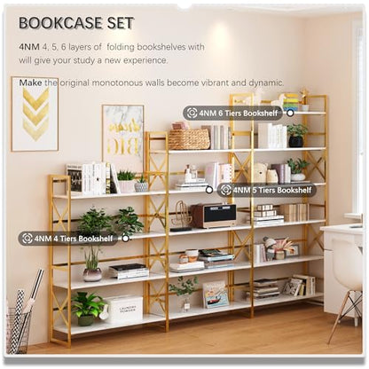 4NM Extra Wide 5 Tiers No Assembly Book Shelves, 51.2" H Folding Bookshelf Bookcase Open Industrial Foldable Shelves for Bedroom, Living Room, Home Office - White Gold - color: White Gold, size: Wide XX 5-Tier