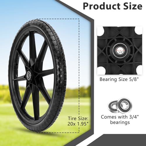 Upgraded 20" Flat Free Wheels for rubbermaid Wheelbarrow Tires | 20" Flat Free Tires with 5/8" and 3/4" Bearings Replacement for rubbermaid Cart Wheels/Big Wheel Utility Carts - color: Black