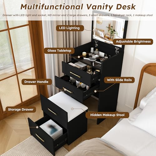 3-in-1 Black Gold Vanity Desk, Compact Makeup Vanity Set with Flip-up Mirror, Visible Glass Desktop, 3 Drawers, Hidden Storage, Multifunctional Dressing Table Nightstand Combo for Small Bedroom