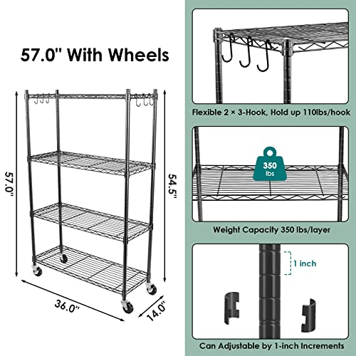 4-Tier Storage Shelves, Heavy Duty Metal Shelves Wire Rack Shelving Unit, Adjustable Shelf with Wheels for Home Office Garage Kitchen Shelf, 36" D x 14" W x 58" H - size: 4tier 36"D x 14"W x 58"H