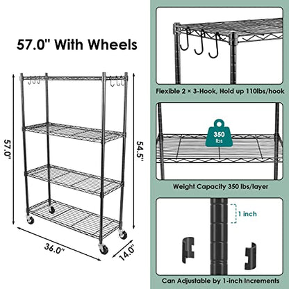 4-Tier Storage Shelves, Heavy Duty Metal Shelves Wire Rack Shelving Unit, Adjustable Shelf with Wheels for Home Office Garage Kitchen Shelf, 36" D x 14" W x 58" H - size: 4tier 36"D x 14"W x 58"H