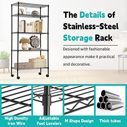 BLKMTY 5-Tier Heavy Duty Shelving, Steel Wire Shelving Unit, 1250 Lbs Capacity Adjustable Garage Shelves with Lockable Casters, 14 D x 30 W x 60 H, NSF Certified for Pantry Warehouse, Black - color: Black, size: 5 Tire: 13.9" D x 30" W x 61.2" H