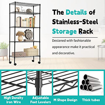 BLKMTY 5-Tier Heavy Duty Shelving, Steel Wire Shelving Unit, 1250 Lbs Capacity Adjustable Garage Shelves with Lockable Casters, 14 D x 30 W x 60 H, NSF Certified for Pantry Warehouse, Black - color: Black, size: 5 Tire: 13.9" D x 30" W x 61.2" H