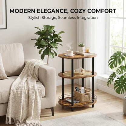 Small Rattan Side Table with Storage, 3 Tier Round/Oval End Table with Rattan Shelf, Boho Nightstand, Tool Free Assembly/Screw-Hole Free Tabletop-Living Room Bedroom-Brown - color: Brown-rattan, size: 1PC