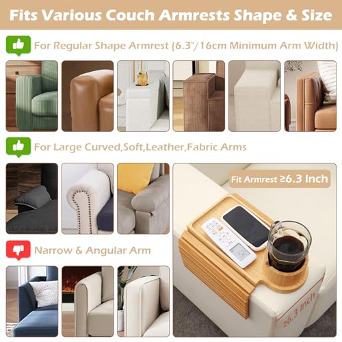 GHKINMAL Couch Cup Holder Tray, 3 in 1 Couch Arm Trays,Large Bamboo Chair Arm Rest Tray with 360° Cup Holder,Removable Anti-Slip Organizer for Snack Eating - color: Bamboo