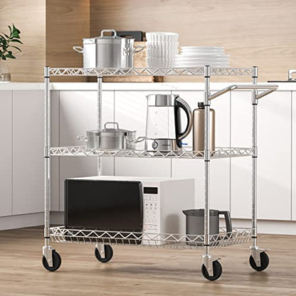 VEVOR Kitchen Utility Cart, 3 Tiers, Wire Rolling Table with 661 LBS Capacity, Steel Service Desk on Wheels, Metal Storage Trolley with 80 mm Deep Basket Curved Handle 6 Hooks - size: 18"D x 30"W x 32.4"H