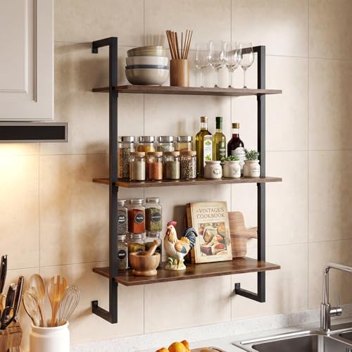 Giantex 3-Tier Wall-Mounted Bookshelf, Industrial Floating Storage Display Shelves with Metal Frame, Wood Open Ladder Bookcase for Living Room, Home Office, Kitchen, Rustic Brown + Black - color: Rustic Brown + Black