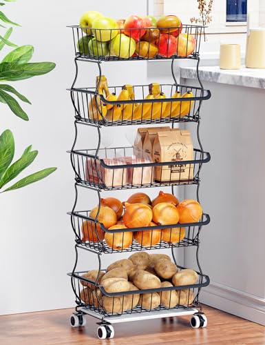OKZEST 5 Tier Fruit Basket for Kitchen, Stackable Bins Wire Rack with Wheels, Fruit and Vegetable Storage Basket Pantry Food Snack Organizer Shelf, Kitchen Storage Cart for Onion and Potato, Produce | Kitchen pantry organizer rack with dirt catch tray, Ro