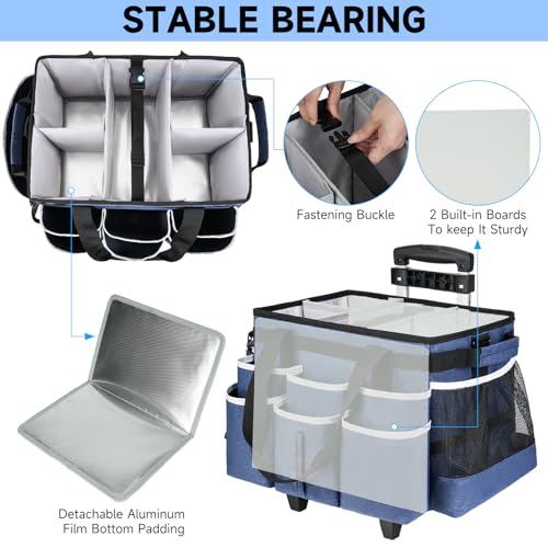 Large Rolling Cleaning Caddy Bag with Detachable Trolley,Cleaning Cart on Wheels with Shoulder Strap,Cleaning Supplies Organizer for Housekeepers,Blue - color: Blue
