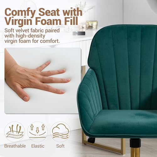 Velvet Make Up Vanity Chair with Wheels and Gold Base 330 Lbs - Green | Home office Chair, Study Chair, Teacher Chair, Cute Chair, Height Adjustable Swivel Desk Chair, for Living Room Study Room - color: Green