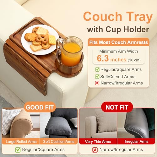 Couch Cup Holder Tray,Acacia Wood Couch Arm Table with Phone Holder, Large Foldable Sofa Arm Tray for Drink Snacks Table - color: Acacia Wood