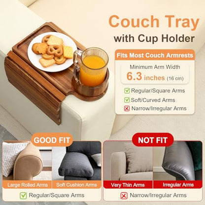 Couch Cup Holder Tray,Acacia Wood Couch Arm Table with Phone Holder, Large Foldable Sofa Arm Tray for Drink Snacks Table - color: Acacia Wood