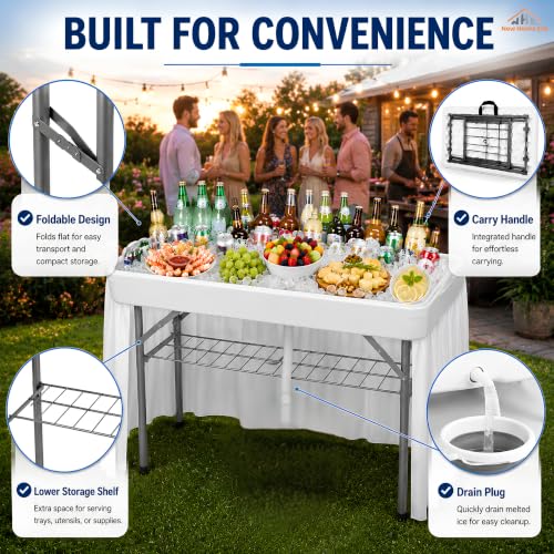 4 Feet Folding Ice Cooler Table with Drain Plug and Wire Shelf | Easy Drainage System, Foldable Legs, Deep Ice Bin, Polyethylene Tabletop, Tailgate & Camping Use