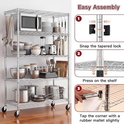 PrimeZone 75" H Wire Shelving 5 Tier Slim Steel Storage Metal Shelves with Wheels,Adjustable Kitchen Utility Shelving Unit,Pantry Rack Rolling Metal Shelf Chrome 24" Wx18 Dx75 H - size: 24" W x 18" D x 75" H