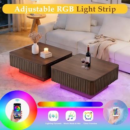 Lift Coffee Table with Hidden Storage & Adjustable Height, 35.4" Modern Fluted RGB LED Center Table with Charging Station, Wooden Accent Tea Table for Living Room & Small Apartment (Square) - size: Square