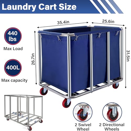 Commercial Laundry Cart with Wheels, 400L Capacity Heavy Duty Large Laundry Basket with Watertight Oxford Bag and Sturdy Steel Frame for Home, Hotel,Hospital,440 lbs(Blue) - color: Blue
