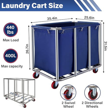 Commercial Laundry Cart with Wheels, 400L Capacity Heavy Duty Large Laundry Basket with Watertight Oxford Bag and Sturdy Steel Frame for Home, Hotel,Hospital,440 lbs(Blue) - color: Blue