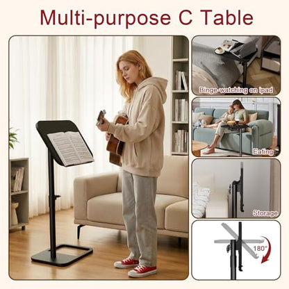 GOYLSER TV Tray Table Adjustable Height, Flip-Top, Snack Side Table with 360° Swivel and 180° Tilt, C Shaped End Table for Couch, Sofa, Dinner Eating and Recliner (Black) - color: Black, style: Tilt C Table