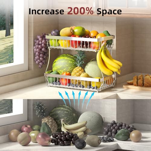 Sevenblue 2-Tier Fruit Basket with Banana Hangers, Detachable Metal Bowl | Wooden handle, protective mats included. Versatile holder for bread, snacks, and veggies. Extra Large 2 tier metal design. - color: Silver, size: 2 Tier Extra Large