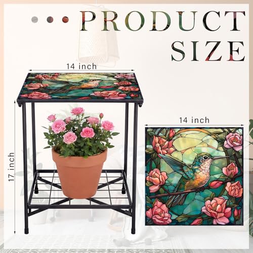 Cinnvoice Outdoor Side Table 2-Tier Storage Square Small Mosaic Patio Accent Indoor End Plant Coffee Tea Table for Yard Patio Porch Garden Living Room, Bedroom(Hummingbird Style) - style: Hummingbird Style