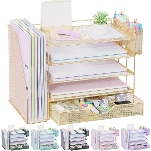 gianotter 5-Tier Desk Organizer with Drawers and File Holders | Letter Trays and Pen Holders - Workspace Accessories for Office Supplies (Gold) - color: Gold, size: 5T