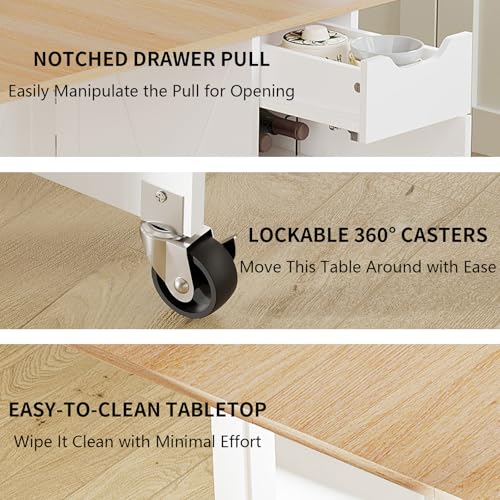 52.7" Folding Dining Table with 6 Wheels, Foldable Dining Table with Drawer, Shelves and Wine Racks, Drop Leaf Table for Small Spaces, Suitable for Kitchen, Dining Room, Apartment (Oak) - color: Light Brown