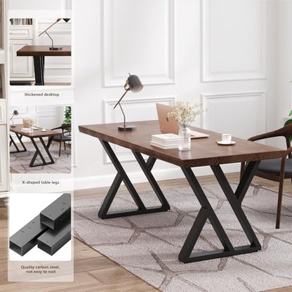 tiedingdingjiajuSolid Wood Desk 47 Inch, Rustic Wooden Writing Desk with Sturdy Metal Frame,Modern Simple Design Executive Real Wood Computer Desk for Home Office, Bedroom & Living Room - size: 47.24in